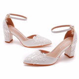 Cm Square Thick Heel Sharp In The Hollow Sandals Spring Square Side Light Female Shoes White Lace Net Bride High