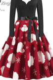 Women Winter Christmas Dress Vintage Santa Printed V-Neck Long Sleeve Swing Sexy Xmas Party Festival Dress