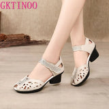 2021 Summer Genuine Leather Shoes Gladiator Sandals Women 5cm High Heels Classic Black Peep Toe Hollow Ladies