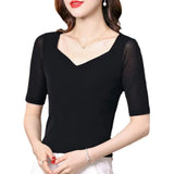 Half Sleeve T Shirt Women Spring Summer Black Tee Shirts V Neck Tops Femme Stretchy