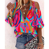 Abstract Print Zip Front Cold Shoulder Top Shirt Women Casual Elegant Top Femme Vintage Casual Blouses for Beach