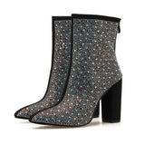 Zingj Street Short Boots Autumn And Winter New Fashionable High-Heel Large-Size Water Drill Pointed Thick-Heeled