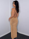Elegant Backless Maxi Dress For Women Gown Summer Fashion Halter Sleeveless Bodycon Club Party Long Dress