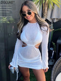 See Through Sexy Beach Dress Long Sleeve Backless Knitted Summer Dress Women 2022 Drawstring Ruhced Crochet Cover Up