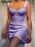 Satin Fish Bone Ruched Mini Dress Women Robe Summer New Spaghetti Strap Sleeveless Backless Bodycon Club Party