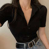 Knitted T Shirt Women Summer Tops Thin Polo Collar Buttons V Neck Short Tight 2021 New Pink Short Sleeve Top Tees