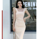 Women Elegant Sleeveless Midi Bodycon Tank Dress Solid Lady Clothing Femme Fashion Robe