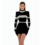 Super Flash Drill Fashion Cushion Shoulder Half-High Collar Black Banded Dress Party Party