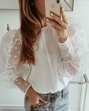 Fashion Polka Dot Sheer Mesh Lantern Sleeve Tops Ladies Solid Baggy Blouse Tee Shirts Plus Size