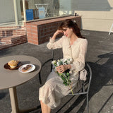Lace Long Sleeve Midi Dress Winter White Women V-neck Korean Dress Spring One-piece Evening Lady Party Fairy