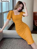 New Midi Dress For Women Elegant Bodycon Office Lady Solid Femme Fashion Clothing