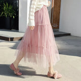 Long Gray Pleated Tutu Skirts 2021 Summer Vintage Women Elastic High Waist Mesh Midi Tulle Skirts Female Jupe Longue
