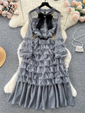 Autumn Sweet Cake Dress Transparent Belt 2023 O Neck French Bow Design Diamonds Mesh Gentle Temperament Long