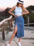 Fashion New Single Breasted Knee Length Denim Skirt Women Streetwear Casual Pocket High Waist Straight Jeans