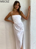 Backless Sexy Beach Party Dress Women Spaghetti Strap Drawstring Ruched Long Dress Cross Bandage Bodycon Summer Dress