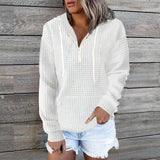 Zingj New Casual Home Wear Women's Zipper Hooded Bag Solid Color Waffg Long Sleeve Hoodie-Outfit