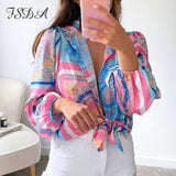 2021 Summer Print Blouse Shirts Women Pink Vintage Long Sleeve V Neck Spring Casual Top Shirt Sexy Fashion