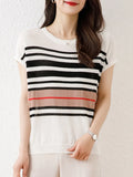 T Shirt Summer Fashion New Patchwork Striped Casual Knitting Tops Female O Neck Short Sleeve Loose Thin Tee Shirts