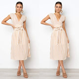 2021 Summer Sexy Deep V Neck Sleeveless Women's Dress New Fashion Casual Solid Buttons Belt Bodycon Ladies Stripe