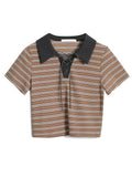Women Tops Fashion Sweet Lapel Short-Sleeved Striped Soft Fashion Casual Loose Bandage Clothes Preppy Style Crop Shirt