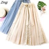 Tulle Pleated Skirt Women Sweet Korean Bow Lace Up Long Skirt Female Spring A-Line Elastic High Waist Skirt Faldas