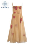 New Female Slash Neck Dress Fashion Flower Decorate Fairy Vestidos Women Elegant Gauze Princess Beach Puff Dresses