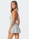 Women's Temperament Simple Pile Tie Stripe Bump Color Hanging Neck Tie Dress