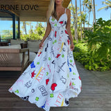 Women Elegant Spaghetti Straps Lace Up V Neck All Over Print with Letter and Heart Pattern Maxi Beach Party Sexy Vacation
