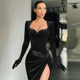 Women 2022 Spring New High Waist Split Floor-length Evening Party Dress with Gloves Sexy Long Maxi Prom Cocktail