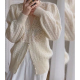Beading Mohair Cardigan Women Autumn Soft Hollow Out Lazy Loose Sweater V-Neck Fashion Elegant