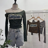 Real Shooting Spice Girls Letter Sticker Leopard Long-Sleeved T-Shirt 2024 Autumn New Thin Short Top