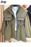 Spring Autumn Oversized Windproof Waterproof Windbreaker Women Luxury Brand Zip Up Loose Jacket Drawstring Pockets