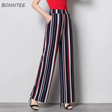 Women Striped Long Trousers Pockets Korean Style High Waist Womens All-match Elastic Simple Female Loose Large Size