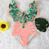 Ruffled Hem Bikini Set Women Flora V-Neck High-Waisted Two Piece Swimsuit 2023 Girl Beach Bathing Suit Swimwear