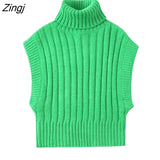 Women Fashion Turtleneck Collar Green Color Short Vest Sweater Female Vintage Sleeveless Slim Waistcoat Chic Tops
