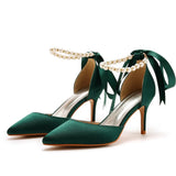 Cm Fine Heel Large-Size Sandals Banquet Women's Shoes Ribbon Beads High Heel Sandals And Ribbon Dress