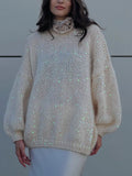 Zingj Sequins Ma Hair Sweater 2023 New Loose Round Collar Lantern Sleeve Sweater-Outfit