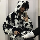 Women Fleece Jackets Furry Teddy Coat Women Harajuku Milk Cow Print Faux Fur Jacket Vintage Hip Hop Warm