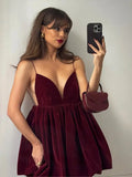 Velvet V-Neck Backless Strap Mini Dress- Outfit