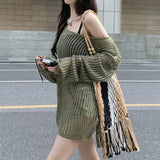 Zingj Sweet Gentle Loose Sweater Fold Wear Outside Smoouse Hollow Out Inclined Collar Shoulder Long Sleeve Knit Sweater Jacket Female-Outfit
