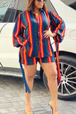 Pieces Set Sexy Fashion Women Set 2023 Summer Autumn Female Tops Stripe Print Long Sleeve Shirt And Elastic Waist Shorts