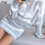 Sweet White cloud printed Two-Piece skirts sets Women's New O Neck Long-Sleeved Loose Sweater with skirts 2 piece