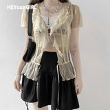 Mesh Transparent Short Sleeve T-shirt Ladies Summer See Through V Neck Ruffles Tee Shirt Women Drawstring T
