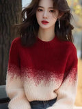 Red Apricot Gradient Round-Neck Sweater Women's 2025 New Winter Knitted Shirt Unique Super-Looking