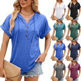 Zingj / Summer 2024 New Hooded Drawstring Button Solid Color Loose T-Shirt Top-Outfit