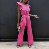 Summer Jumpsuits Women Holiday Casual Half Sleeves Bodysuit Print One Piece Outfits Wide Leg Pink Trousers Loose Long