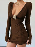 Deep V-neck Long Sleeve Bodycon Gold Applique Mini Dress- Outfit