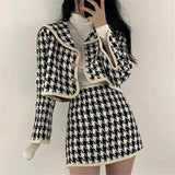 Houndstooth 2pcs Set Women Navy Collar Tweed Mini Bodycon Skirt Suit Lady Elegant Cropped Jacket Plaid Set Knitted
