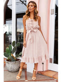 2020 Summer Fashion Sexy O Neck Bandage Hollow Out Women's Dress Casual Belt Tunic Solid Sleeveless Ruffle Ladies
