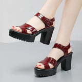Leather High Heel Waterproof Sandals Women Fashion Crocodile Pattern Walking Shoes Summer Coarse Heel Magic Sticky H Women's
